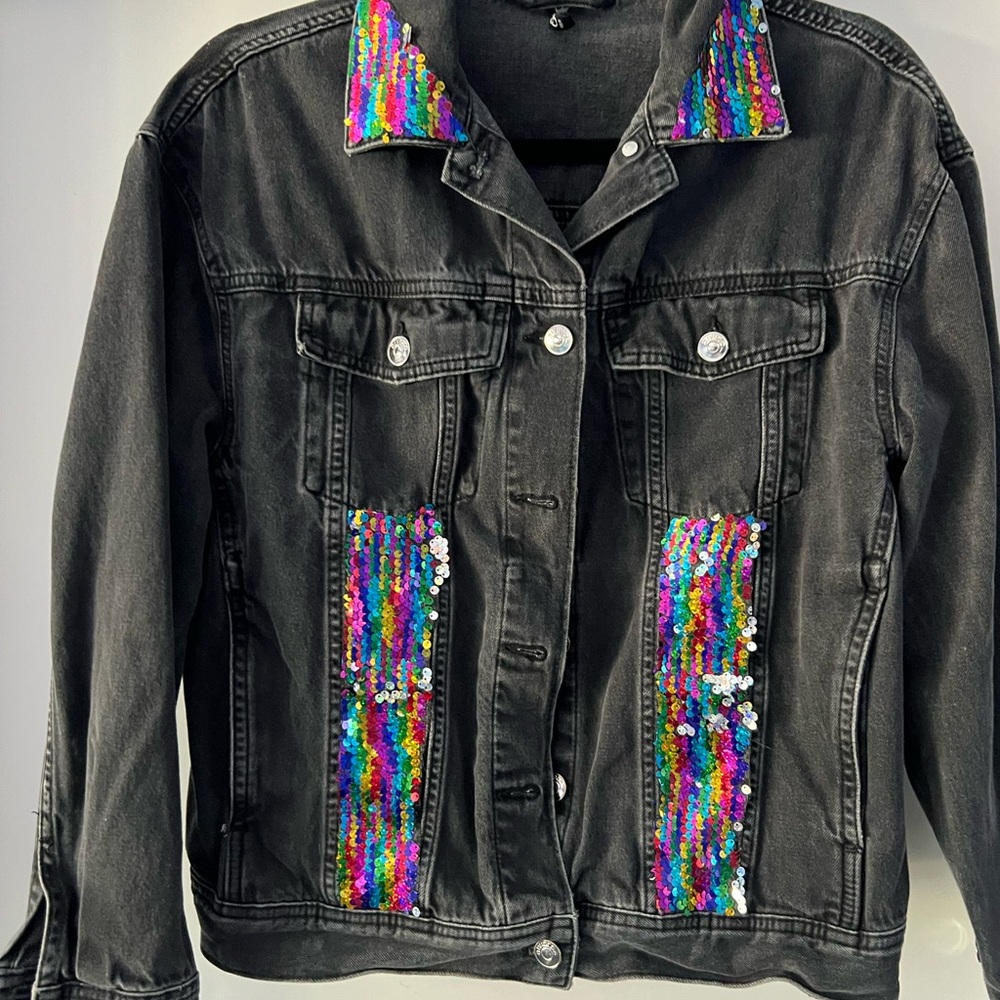 Black Denim Jacket with Rainbow Sequin Accents